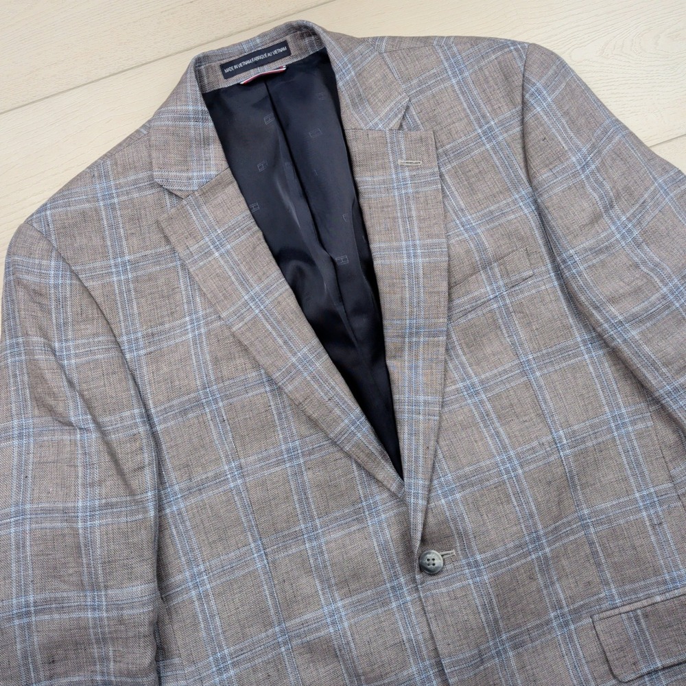 Tommy Hilfiger Mens Brown Blue Plaid Linen Blend 2 Button Sport Coat Blazer